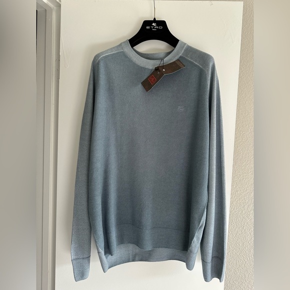 NWT $670 Etro Sweater virgin Wool Light Blue Multi Color Pegasus Logo Large L - Picture 4 of 16